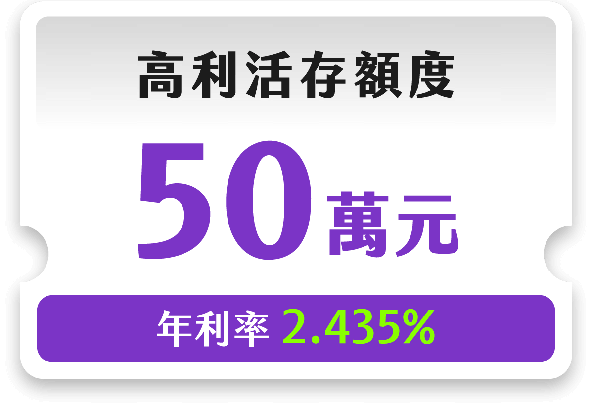 高利活存額度 50 萬元,年利率 2.435%