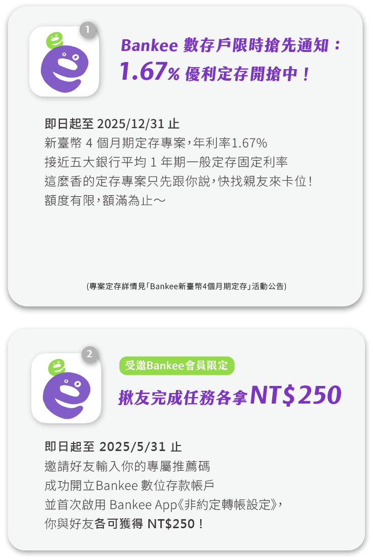 Bankee 數存戶限時搶先通知：1.67% 優利定存開搶中！即日起至 2025/12/31 止，新臺幣 4 個月期定存專案，年利率1.67%接近五大銀行平均 1 年期一般定存固定利率，這麼香的定存專案只先跟你說，快找親友來卡位！額度有限，額滿為止～受邀Bankee會員限定：揪友完成任務各拿250元，即日起至 2025/5/31 止，邀請好友輸入你的專屬推薦碼成功開立 Bankee 數位存款帳戶並首次啟用 Bankee App《非約定轉帳設定》，你與好友各可獲得250元！