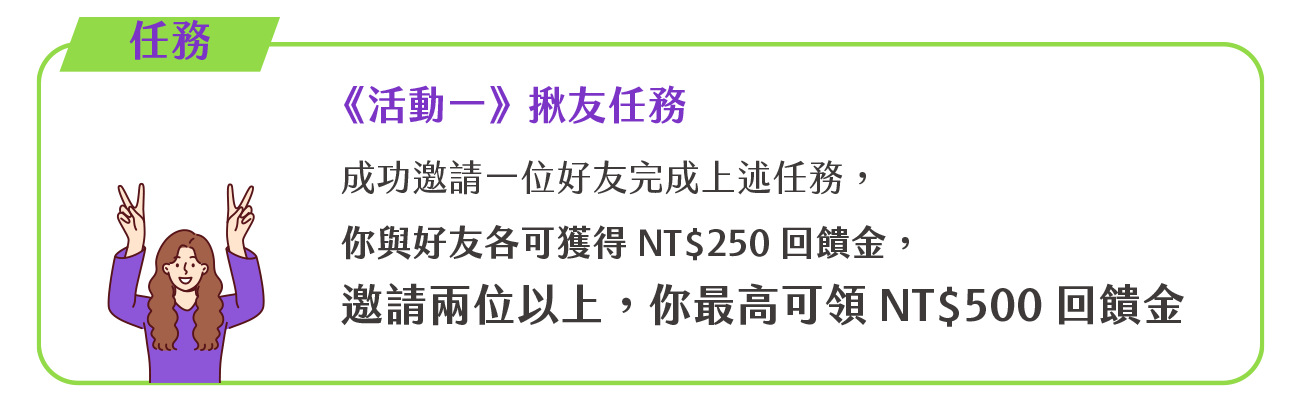 每邀請一位好友完成上述任務，即可獲得乙次「老爺酒店集團聯合住宿券(乙張)」抽獎機會！邀請越多好友完成任務，中獎機率越高！