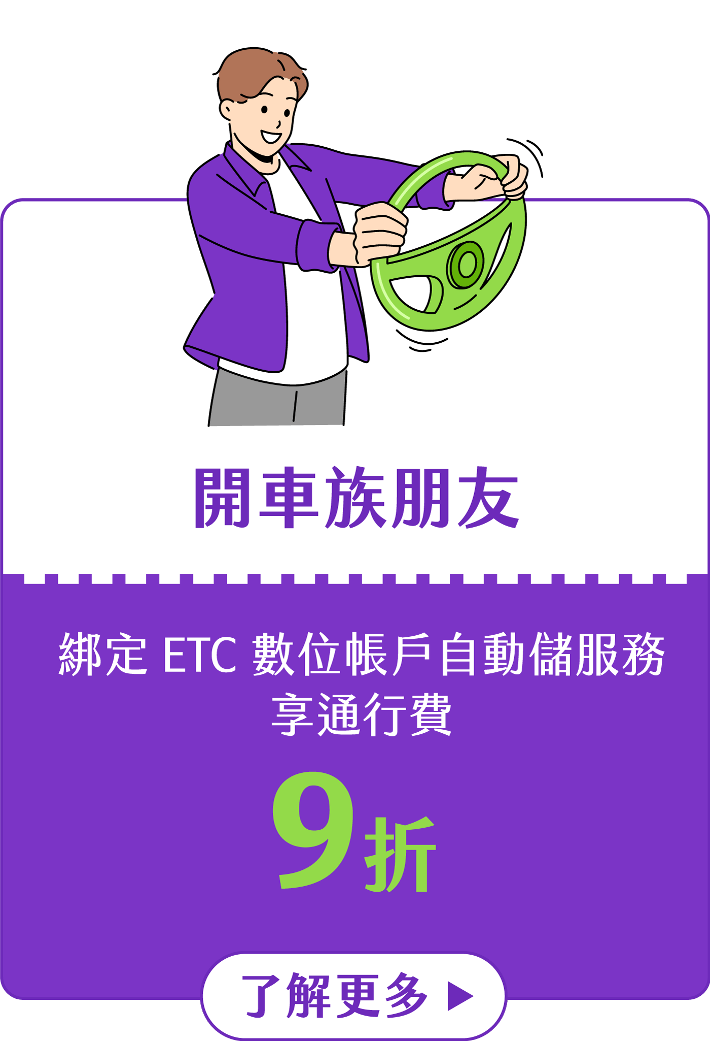 開車族朋友族群：綁定 ETC 數位帳戶自動儲服務享通行費9折